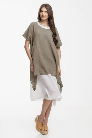 Rochii - Rochie lejera din bumbac cu doua straturi si croi asimetric, alb-bej inchis