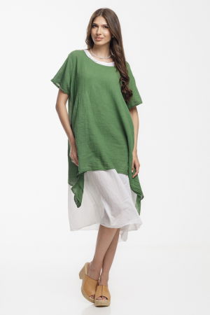 Rochie lejera din bumbac cu doua straturi si croi asimetric, alb-verde