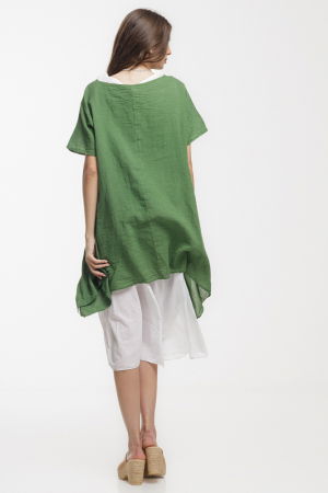 Rochie lejera din bumbac cu doua straturi si croi asimetric, alb-verde [2]