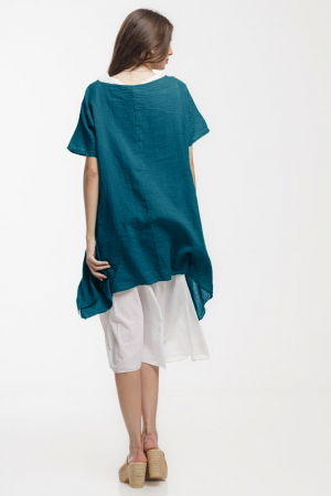 Rochie lejera din bumbac cu doua straturi si croi asimetric, alb - turcoaz inchis [2]