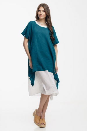 Rochii masuri mari - Rochie lejera din bumbac cu doua straturi si croi asimetric, alb - turcoaz inchis