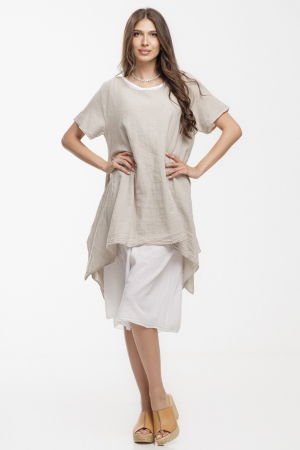 Rochii - Rochie lejera din bumbac cu doua straturi si croi asimetric, alb-bej