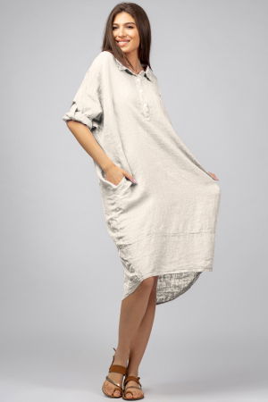 Rochii din In - Rochie bej deschis din in Stella Milani cu inel metalic pe spate