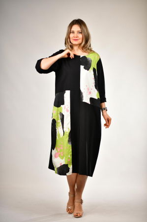 Rochii din Jerseu - Rochie lunga A-line neagra cu insertii print verde, din jerseu de bumbac