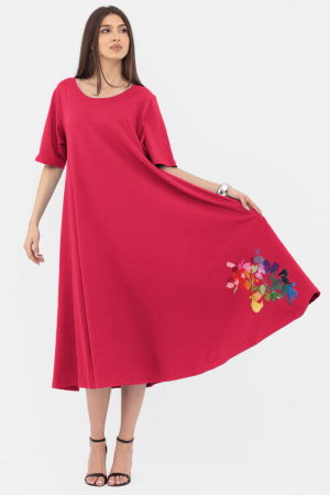 Rochii - Rochie lunga A-line, fucsia inchis, cu imprimeu floare stilizata cu petale multicolore