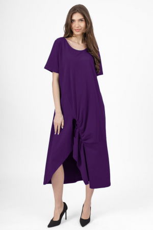 Rochii din Jerseu - Rochie lunga A-line mov inchis, din tricot de bumbac cu siret la poale