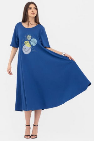 Rochii din Jerseu - Rochie lunga A-line, albastra, cu imprimeu chip stilizat