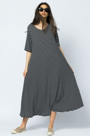 Rochie lunga A-line, dungi alb-bleumarin, cu imprimeu maci [1]