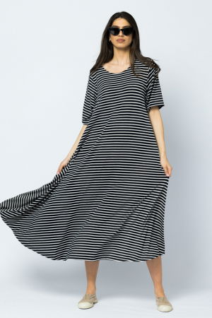 Rochie lunga A-line, dungi alb-bleumarin, cu imprimeu maci [6]