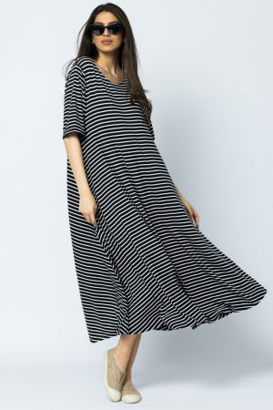 Rochie lunga A-line, dungi alb-bleumarin, cu imprimeu maci [2]