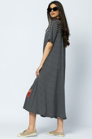 Rochie lunga A-line, dungi alb-bleumarin, cu imprimeu maci [5]