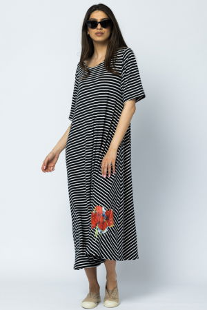 Rochii - Rochie lunga A-line, dungi alb-bleumarin, cu imprimeu maci