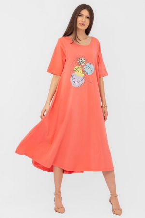 Rochii Casual - Rochie lunga A-line corai, din tricot de bumbac cu imprimeu chip stilizat