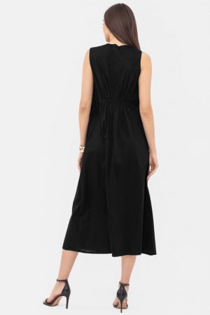 Rochie lunga A-line cu decolteu in V, din poplin de bumbac, neagra [2]