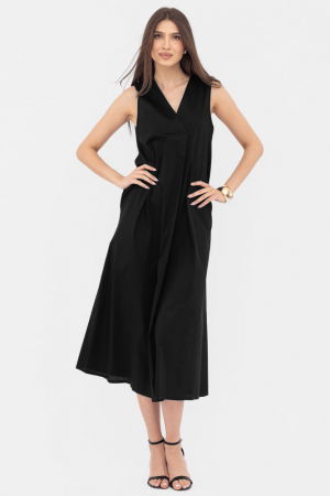 Rochie lunga A-line cu decolteu in V, din poplin de bumbac, neagra [1]