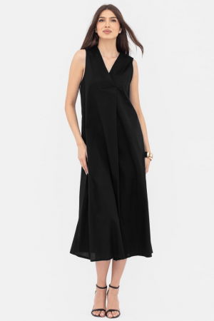 Rochii din Bumbac - Rochie lunga A-line cu decolteu in V, din poplin de bumbac, neagra