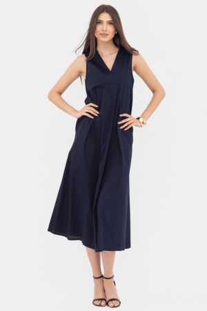 Rochie lunga A-line cu decolteu in V, din poplin de bumbac, bleumarin [2]