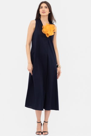 Rochii din Bumbac - Rochie lunga A-line cu decolteu in V, din poplin de bumbac, bleumarin