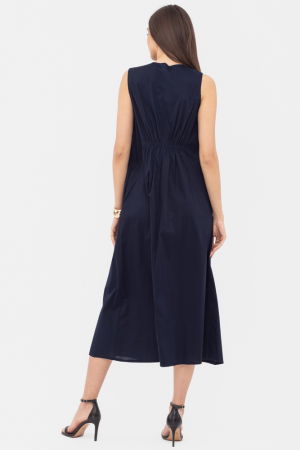 Rochie lunga A-line cu decolteu in V, din poplin de bumbac, bleumarin [3]