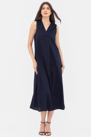 Rochie lunga A-line cu decolteu in V, din poplin de bumbac, bleumarin [1]