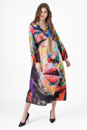 Rochii Casual - Rochie lunga A-line cu imprimeu chip multicolor cu maneca lunga cu elastic