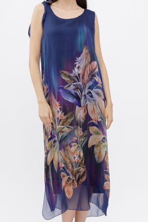 Rochie lunga A-line, cu imprimeu vegetal pe fond bleumarin [1]