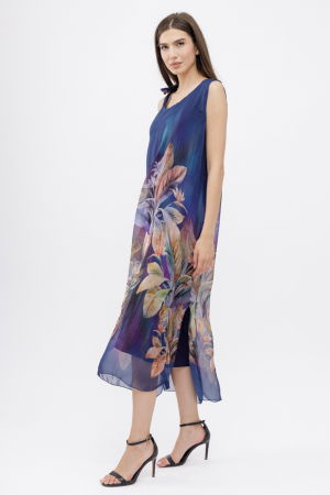 Rochie lunga A-line, cu imprimeu vegetal pe fond bleumarin [2]