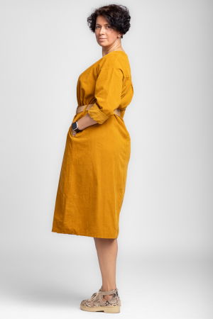 Rochie midi A-line din catifea reiata, cu curea, mustar [2]