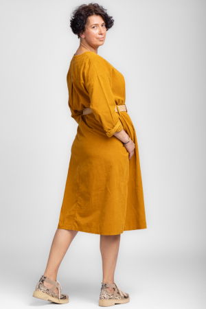 Rochie midi A-line din catifea reiata, cu curea, mustar [3]