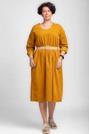 Rochii masuri mari - Rochie midi A-line din catifea reiata, cu curea, mustar