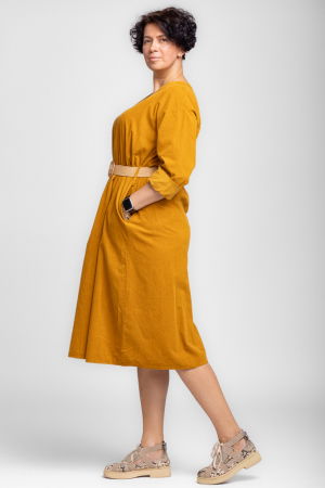 Rochie midi A-line din catifea reiata, cu curea, mustar [1]