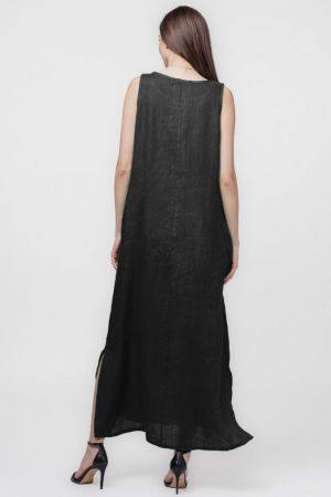 Rochie lunga A-line din in, fara maneci, neagra [2]