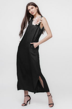 Rochie lunga A-line din in, fara maneci, neagra [1]