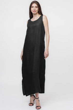 Rochii masuri mari - Rochie lunga A-line din in, fara maneci, neagra