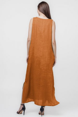 Rochie lunga A-line din in, fara maneci, caramizie [2]