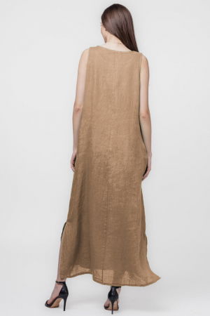 Rochie lunga A-line din in, fara maneci, camel [2]