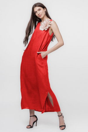 Rochii din In - Rochie lunga A-line din in, fara maneci, rosie