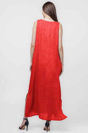 Rochie lunga A-line din in, fara maneci, rosie [1]