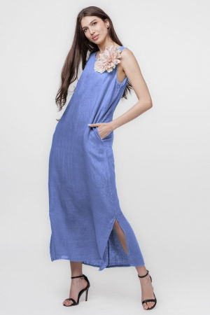 Rochii din In - Rochie lunga A-line din in, fara maneci, bleu