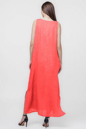 Rochie lunga A-line din in, fara maneci, corai [2]