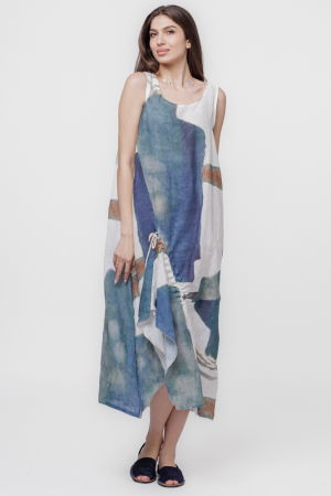 Rochie lunga asimetrica A-line din in cu snur pe fata si imprimeu pictural [1]