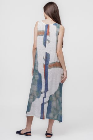 Rochie lunga asimetrica A-line din in cu snur pe fata si imprimeu pictural [3]