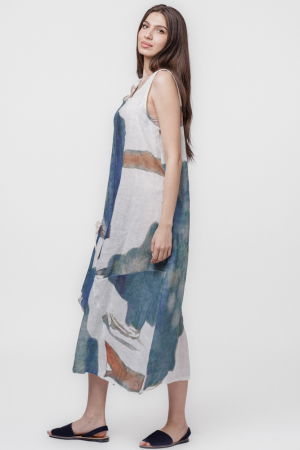 Rochie lunga asimetrica A-line din in cu snur pe fata si imprimeu pictural [2]