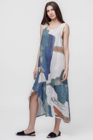 Rochii din In - Rochie lunga asimetrica A-line din in cu snur pe fata si imprimeu pictural