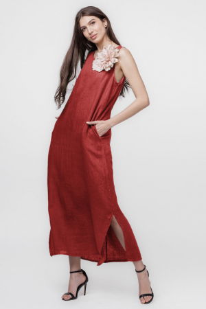 Rochii din In - Rochie lunga A-line din in, fara maneci, rosiatic inchis