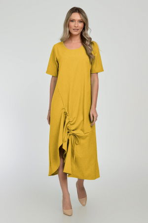 Rochii Casual - Rochie lunga A-line din in mercerizat cu siret la poale, galben mustar