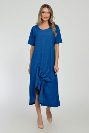 Rochii Casual - Rochie lunga A-line din in mercerizat cu siret la poale, albastra