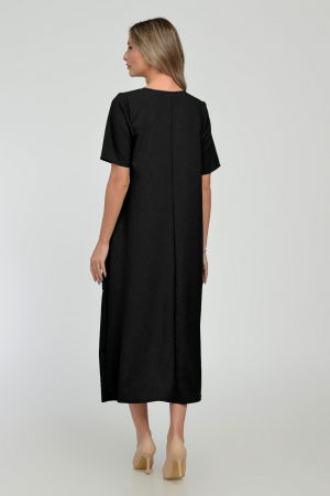 Rochie lunga A-line din in mercerizat cu siret la poale, neagra [2]