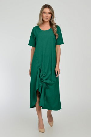 Rochii Casual - Rochie lunga A-line din in mercerizat cu siret la poale, verde inchis