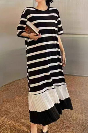 Bluze & Cămăși & Tricouri - Rochie A-line cu volan plisat si imprimeu linii alb cu negru